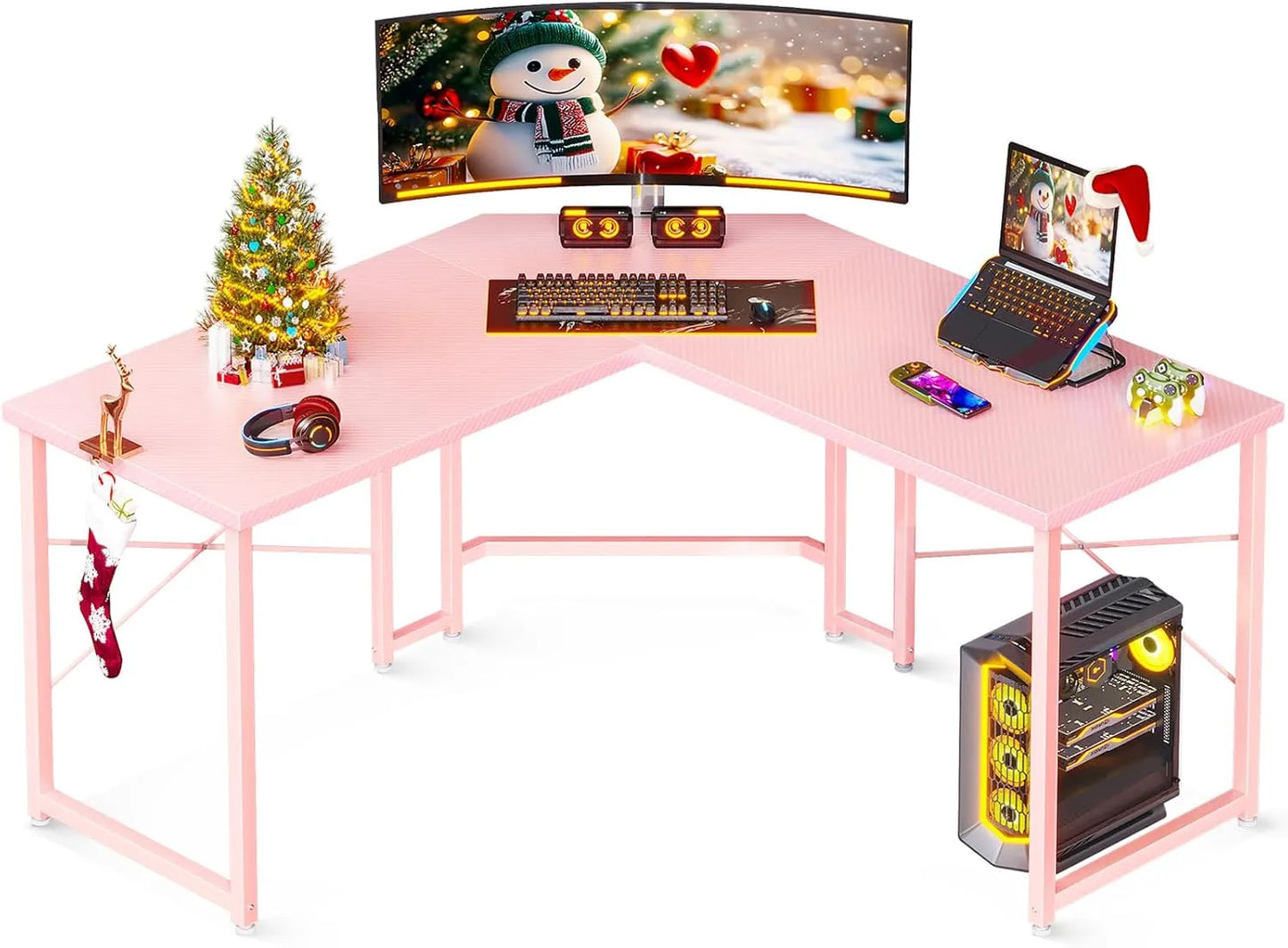 Yoobure L-Shaped Gaming Desk for Home Office, Pink