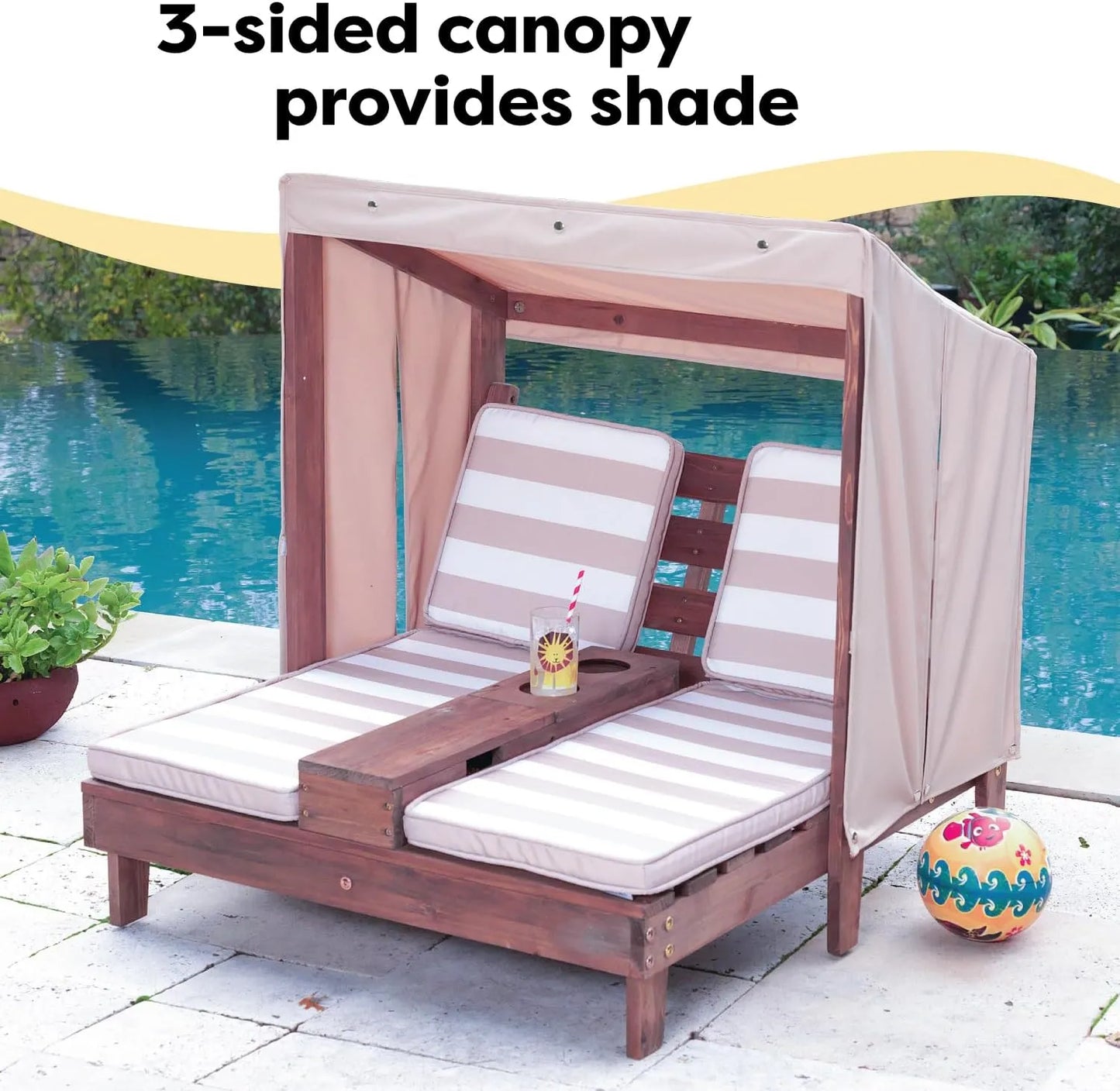 Yoobures Wooden Outdoor Double Chaise Lounge with Cup Holders