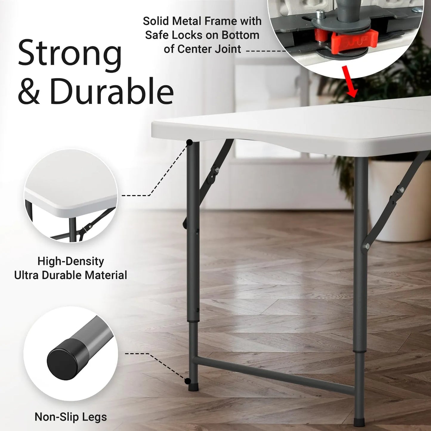 Yoobures 6 Feet Foldable Table with Built in Handle & Steel Legs