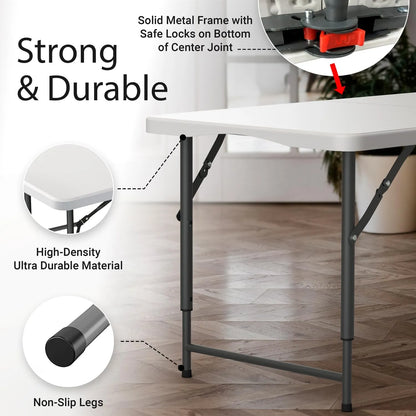 Yoobures 6 Feet Foldable Table with Built in Handle & Steel Legs