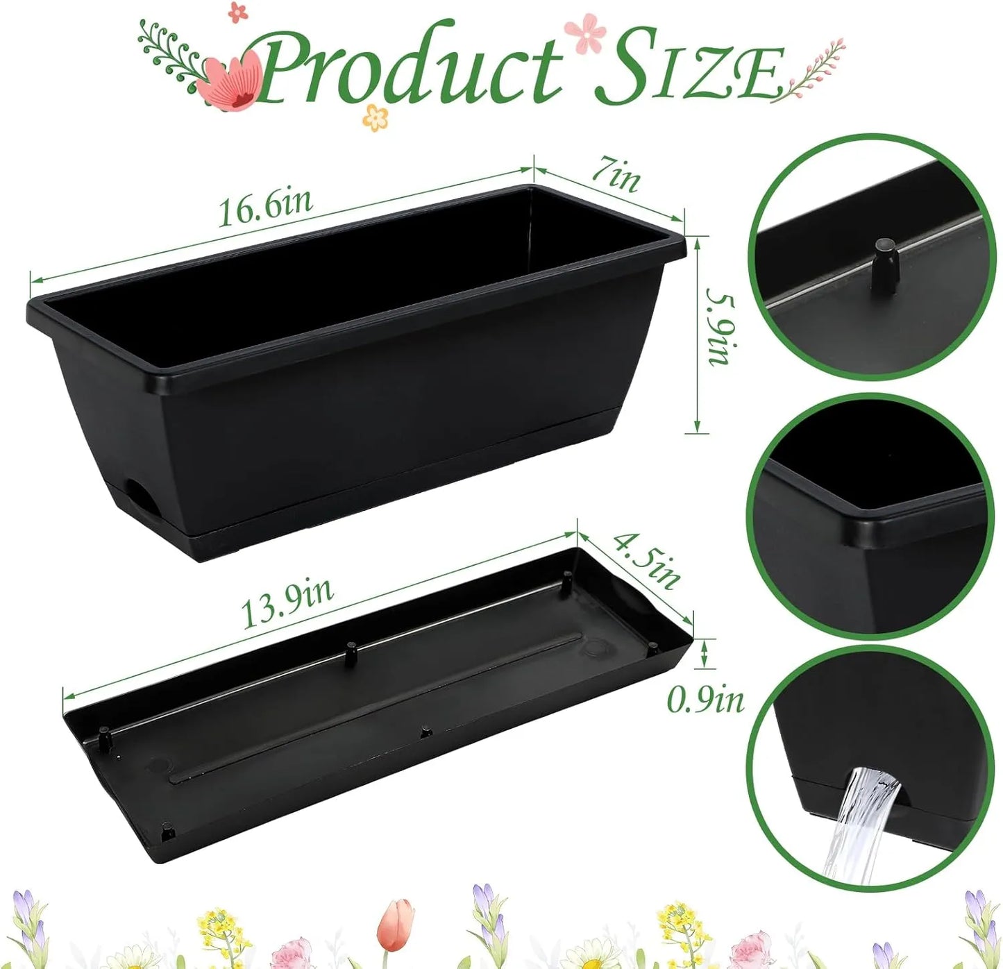 Yoobures 12 17-inch rectangular plastic planter boxes with drainage holes