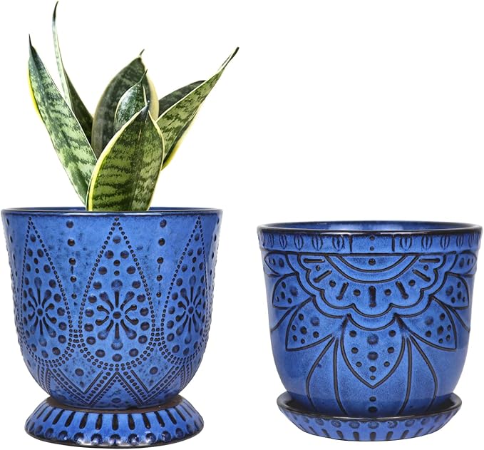 6" Ceramic Planter Set of 2 with Drainage Holes and Tray