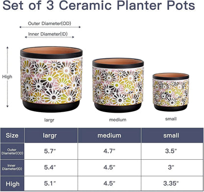 Yoobures 3 Piece Ceramic Plant Pots, 5.7/4.7/3.5/inch Planters with Drainage Hole