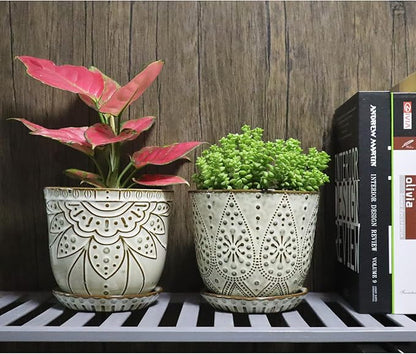 6" Ceramic Planter Set of 2 with Drainage Holes and Tray