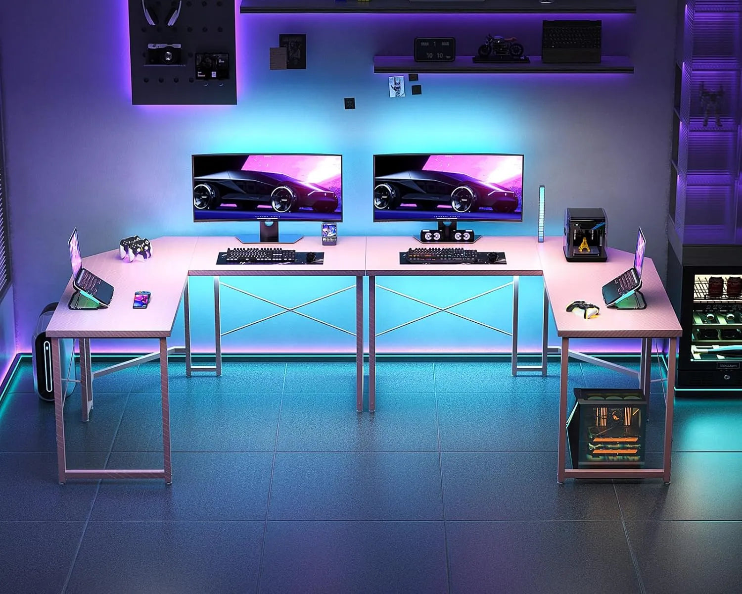 L-Shaped Gaming Desk for Home Office, Pink