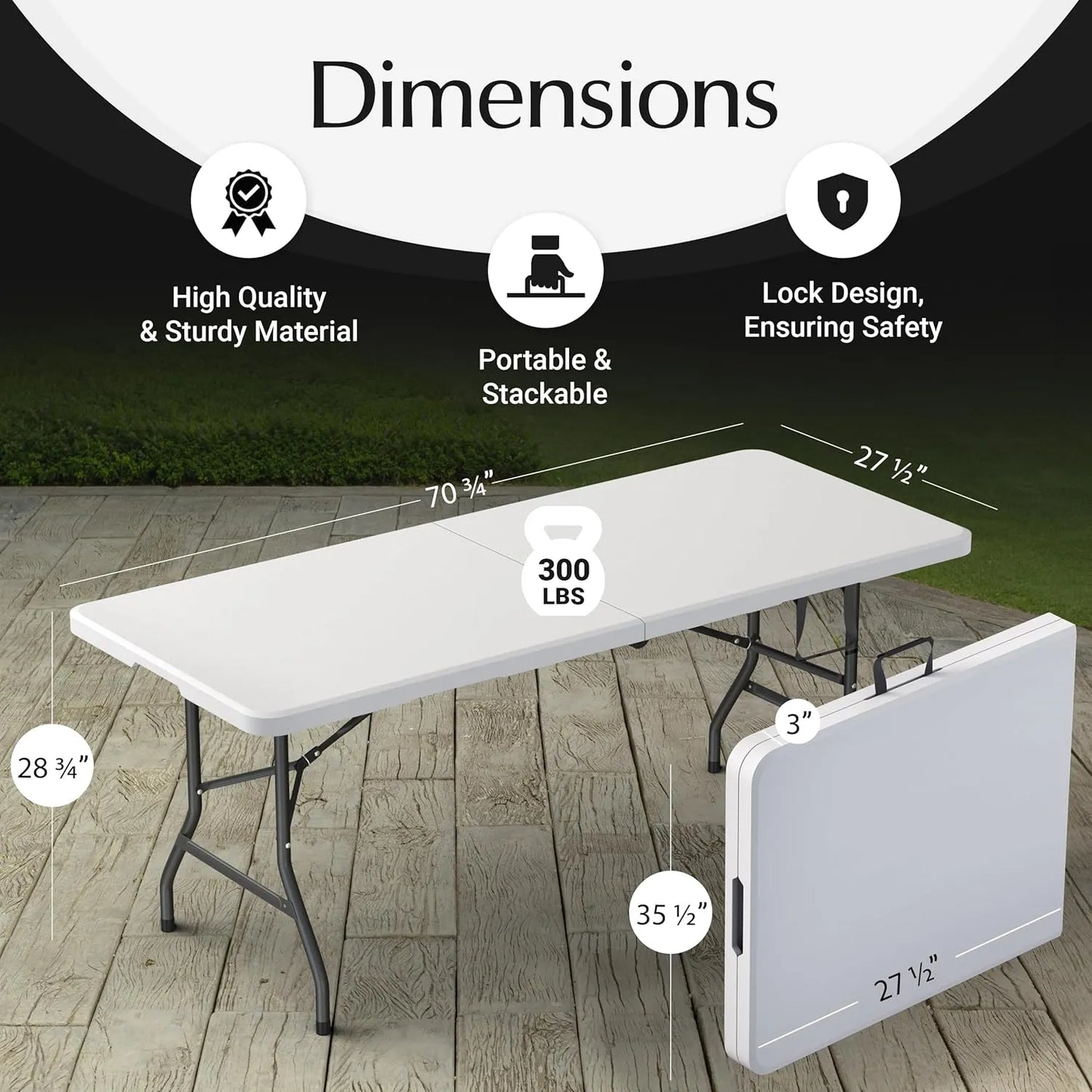 Yoobures 6 Feet Foldable Table with Built in Handle & Steel Legs