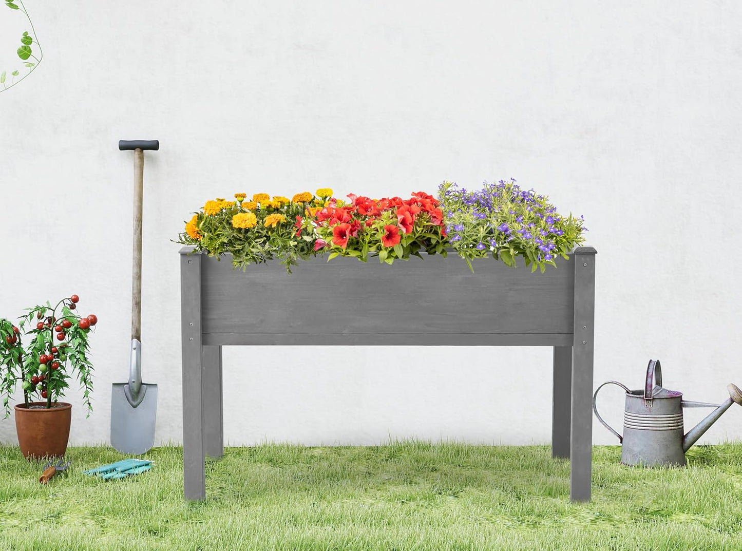 Outdoor wooden raised garden bed with legs