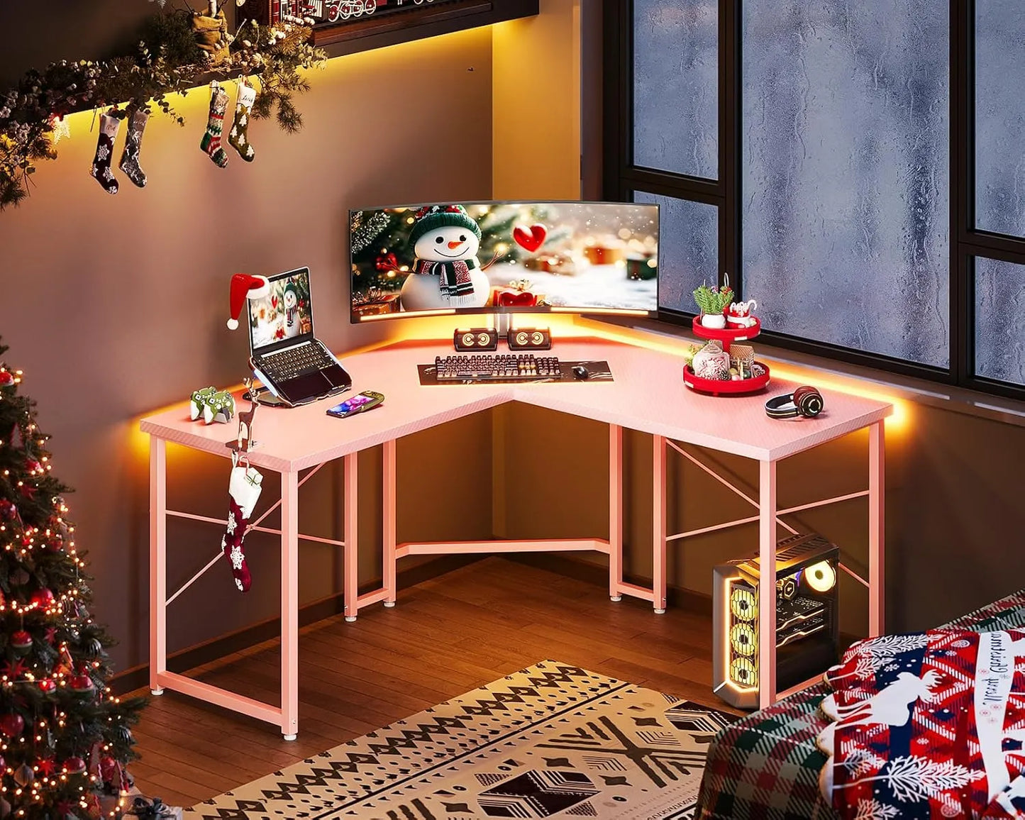 Yoobure L-Shaped Gaming Desk for Home Office, Pink