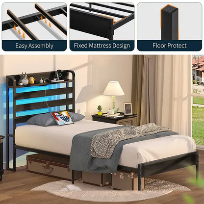 Yoobure bed frame with headboard, charging socket and LEDs