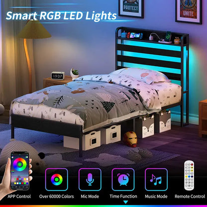 Yoobure bed frame with headboard, charging socket and LEDs