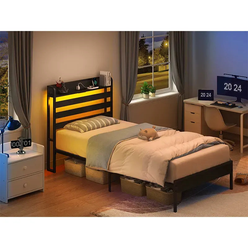 Yoobure bed frame with headboard, charging socket and LEDs